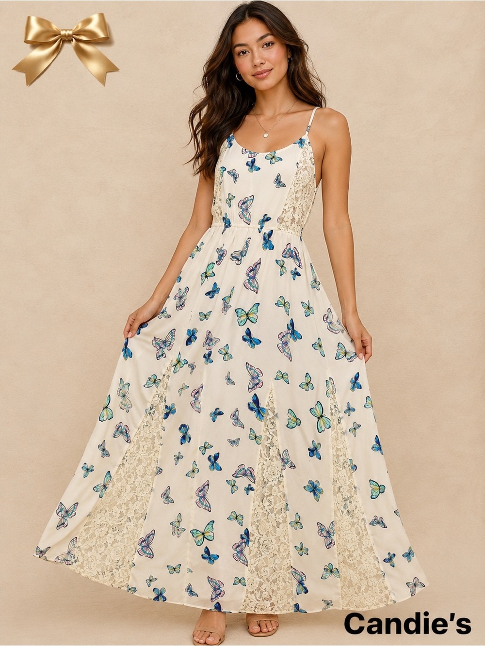 Candie’s Cream Butterfly Lace Panel Maxi Dress Cottagecore Fairycore Size M